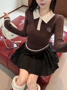 DAZY Autumn/Winter Polo Collar Camel Color Contrast Patchwork Cable Knit Letter Embroidery Pattern Slim Fit Preppy Street Sweet Casual Women's Knitted Sweater - Brown - View 4