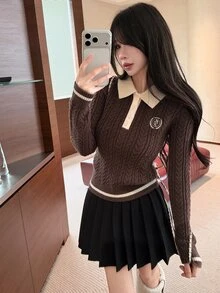 DAZY Autumn/Winter Polo Collar Camel Color Contrast Patchwork Cable Knit Letter Embroidery Pattern Slim Fit Preppy Street Sweet Casual Women's Knitted Sweater - Brown - View 6