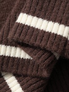 DAZY Autumn/Winter Polo Collar Camel Color Contrast Patchwork Cable Knit Letter Embroidery Pattern Slim Fit Preppy Street Sweet Casual Women's Knitted Sweater - Brown - View 9