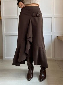 DAZY Women's Brown High-Waist Belt Buckle Decor Asymmetrical Ruffle A-Line Wool Skirt, Elegant Commute Street Vacation Style, Autumn/Winter - Brown - View 2