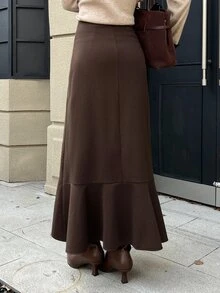 DAZY Women's Brown High-Waist Belt Buckle Decor Asymmetrical Ruffle A-Line Wool Skirt, Elegant Commute Street Vacation Style, Autumn/Winter - Brown - View 3