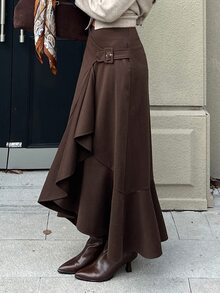 DAZY Women's Brown High-Waist Belt Buckle Decor Asymmetrical Ruffle A-Line Wool Skirt, Elegant Commute Street Vacation Style, Autumn/Winter - Brown - View 5
