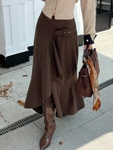 DAZY Women's Brown High-Waist Belt Buckle Decor Asymmetrical Ruffle A-Line Wool Skirt, Elegant Commute Street Vacation Style, Autumn/Winter - Brown - View 1
