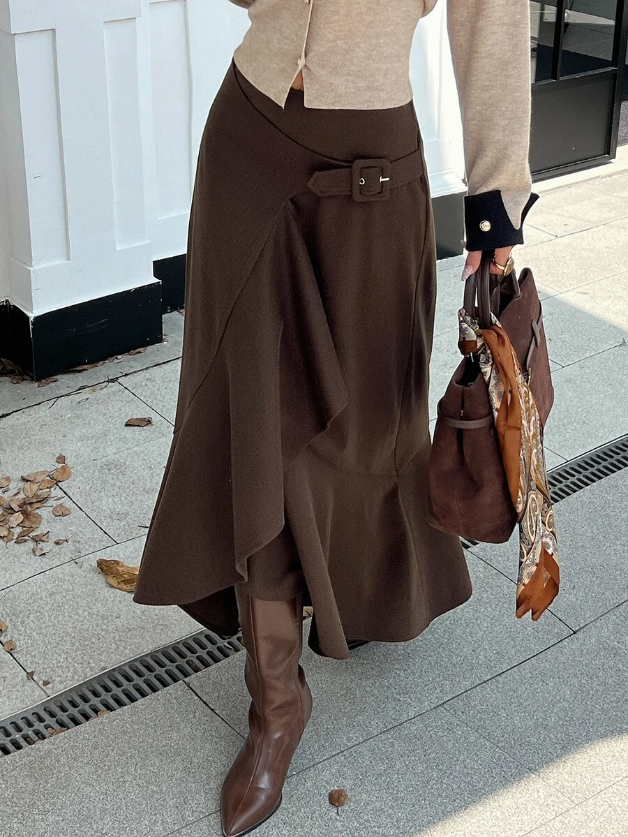 DAZY Women's Brown High-Waist Belt Buckle Decor Asymmetrical Ruffle A-Line Wool Skirt, Elegant Commute Street Vacation Style, Autumn/Winter - Brown - View 1