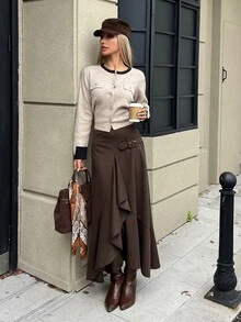 DAZY Women's Brown High-Waist Belt Buckle Decor Asymmetrical Ruffle A-Line Wool Skirt, Elegant Commute Street Vacation Style, Autumn/Winter - Brown - View 6
