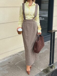 DAZY Autumn/Winter Houndstooth Pattern Suspender High Waist A-Line Midi Length Vintage Literary Casual Commute Women's Skirt - Khaki - View 4