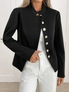 Yalmera Women's Autumn/Winter New Elegant Commute Waist-Cinching Button-Decorated Wool Short Jacket - Black - View 6