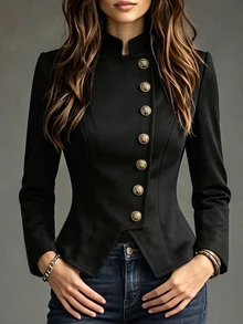 Yalmera Women's Autumn/Winter New Elegant Commute Waist-Cinching Button-Decorated Wool Short Jacket - Black - View 1