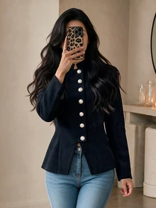 Yalmera Women's Autumn/Winter New Elegant Commute Waist-Cinching Button-Decorated Wool Short Jacket - Black - View 3