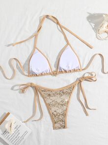 Costavie 2-Piece Sequin Textured Halter Bikini Set, Sexy Metallic Gold Swimwear With Triangle Top And Side-Tie Bottoms, For Beach Vacation Spring/Summer - Gold - View 2