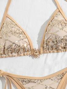 Costavie 2-Piece Sequin Textured Halter Bikini Set, Sexy Metallic Gold Swimwear With Triangle Top And Side-Tie Bottoms, For Beach Vacation Spring/Summer - Gold - View 9