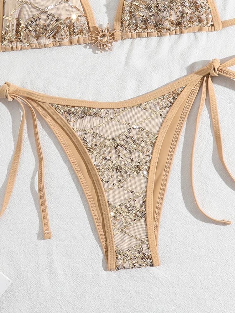 Costavie Set Bikini Halter Bertekstur Payet 2 Potong, Pakaian Renang Emas Metalik Seksi dengan Atasan Segitiga dan Bawahan Ikat Samping, Untuk Liburan Pantai Musim Semi/Panas - Emas - View 8