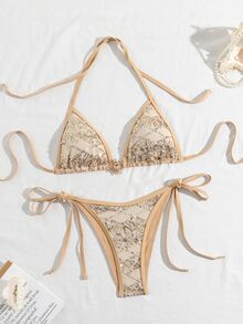 Costavie 2-Piece Sequin Textured Halter Bikini Set, Sexy Metallic Gold Swimwear With Triangle Top And Side-Tie Bottoms, For Beach Vacation Spring/Summer - Gold - View 10