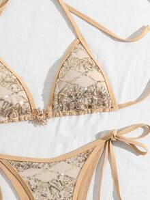 Costavie 2-Piece Sequin Textured Halter Bikini Set, Sexy Metallic Gold Swimwear With Triangle Top And Side-Tie Bottoms, For Beach Vacation Spring/Summer - Gold - View 7