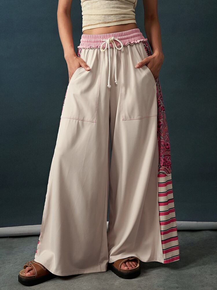 Bohemela Women's Side Paisley Pattern Print Pocket Loose Wide Leg Long Pants - Apricot - View 6