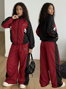 SHEIN Girls Burgundy & Black Colorblock Sporty Set, Tween Girl Stand Collar Zip-Up Jacket & Wide Leg Pants, Casual Two Pieces Outfit For Spring & Autumn - Burgundy - View 2