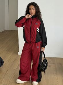 SHEIN Girls Burgundy & Black Colorblock Sporty Set, Tween Girl Stand Collar Zip-Up Jacket & Wide Leg Pants, Casual Two Pieces Outfit For Spring & Autumn - Burgundy - View 3