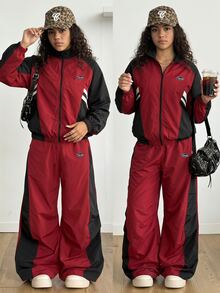SHEIN Girls Burgundy & Black Colorblock Sporty Set, Tween Girl Stand Collar Zip-Up Jacket & Wide Leg Pants, Casual Two Pieces Outfit For Spring & Autumn - Burgundy - View 1