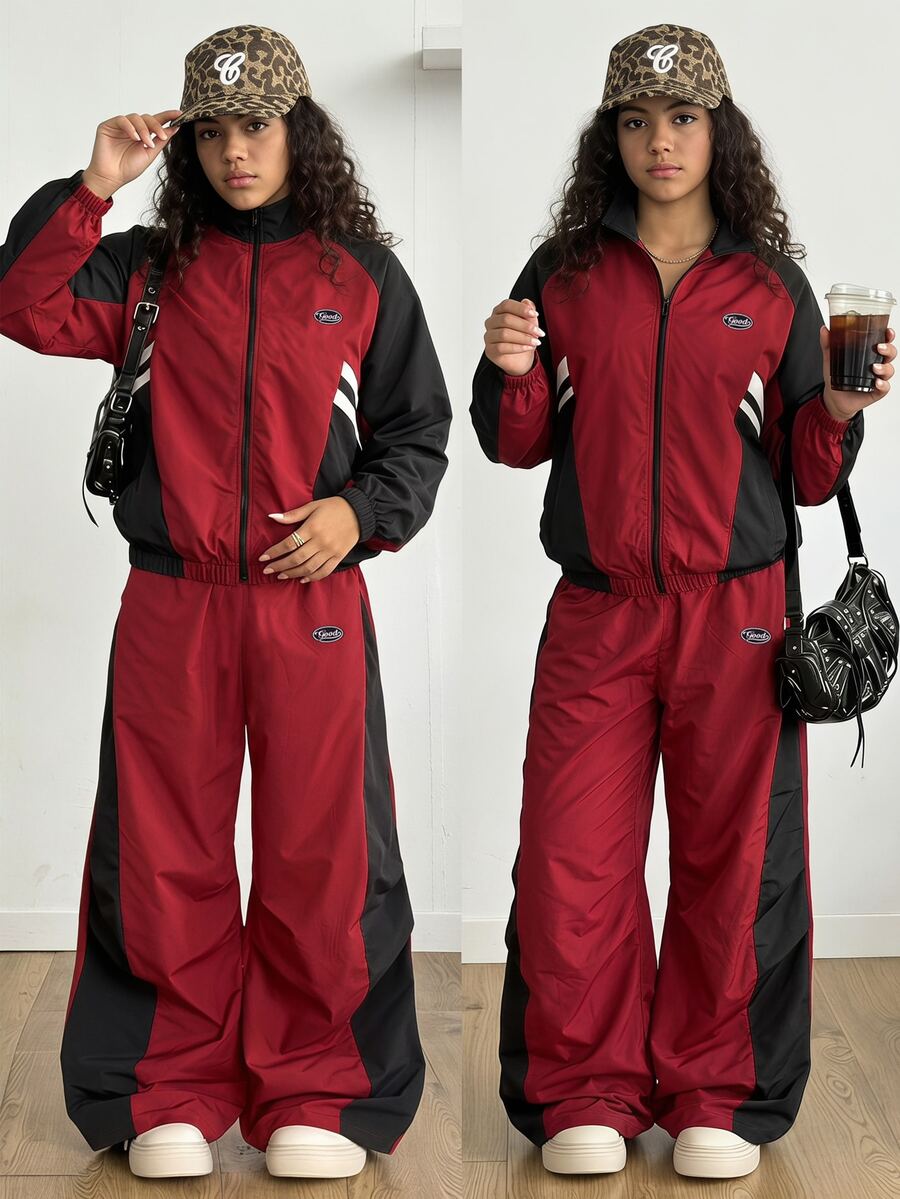 SHEIN Girls Burgundy & Black Colorblock Sporty Set, Tween Girl Stand Collar Zip-Up Jacket & Wide Leg Pants, Casual Two Pieces Outfit For Spring & Autumn - Burgundy - View 1