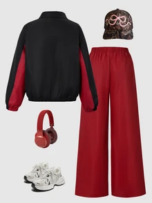 SHEIN Girls Burgundy & Black Colorblock Sporty Set, Tween Girl Stand Collar Zip-Up Jacket & Wide Leg Pants, Casual Two Pieces Outfit For Spring & Autumn - Burgundy - View 5