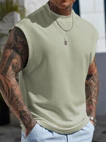 Manfinity CasualCool 男士休閒素色羅紋背心，夏季日常穿著無袖度假款 - 橄欖綠 - 查看 2