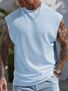 Manfinity CasualCool Men's Casual Solid Color Ribbed Tank Top, Summer Daily Wear Light Blue Sleeveless Holiday - Baby Blue - View 7