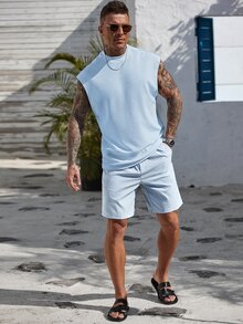 Manfinity CasualCool Men's Casual Solid Color Ribbed Tank Top, Summer Daily Wear Light Blue Sleeveless Holiday - Baby Blue - View 6