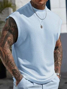 Manfinity CasualCool Men's Casual Solid Color Ribbed Tank Top, Summer Daily Wear Light Blue Sleeveless Holiday - Baby Blue - View 2