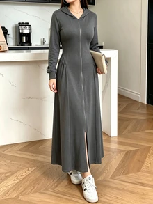 Modelyn Gaun Sweatshirt Panjang Wanita Warna Abu-abu Gelap Kasual Serbaguna untuk Perjalanan Sehari-hari di Rumah, Cocok untuk Musim Gugur - Grey - View 4