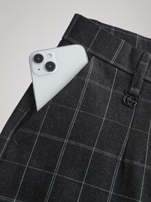 Officeau Men's Old Money Black Plaid Straight Leg Suit Pants, For Business Formal/ Evening - Black - View 6