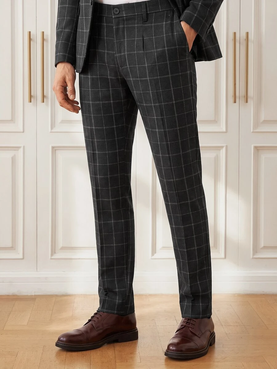 Officeau Men's Old Money Black Plaid Straight Leg Suit Pants, For Business Formal/ Evening - Black - View 1