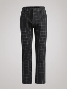 Officeau Men's Old Money Black Plaid Straight Leg Suit Pants, For Business Formal/ Evening - Black - View 3