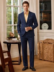 Officeau Men's 2pcs Grey Wedding Suits, Blazer And Pants, For Groom/ Groomsman/ Guest/ Formal Business - Navy Blue - View 1