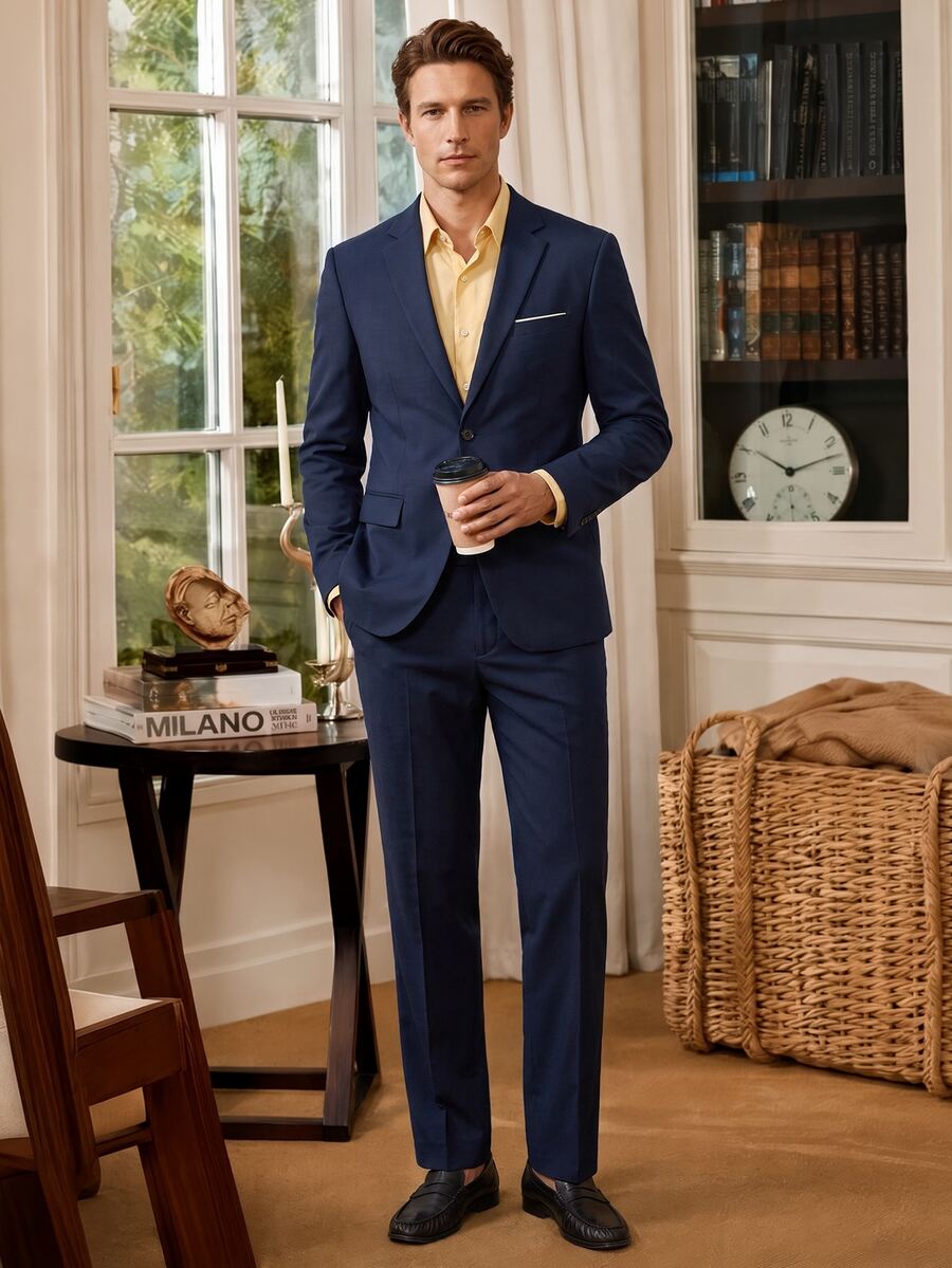 Officeau Men's 2pcs Grey Wedding Suits, Blazer And Pants, For Groom/ Groomsman/ Guest/ Formal Business - Navy Blue - View 1