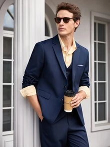 Officeau Men's 2pcs Grey Wedding Suits, Blazer And Pants, For Groom/ Groomsman/ Guest/ Formal Business - Navy Blue - View 5