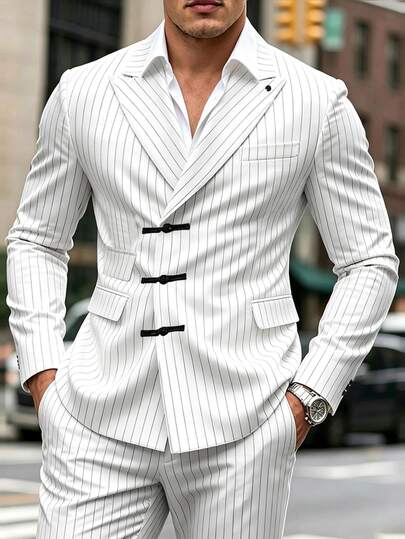 Manfinity Mode Bizformal White & Black Vertical Striped Chinese Frog Button Suit Set, Men's Luxury Slim Fit Peak Lapel Wedding Banquet Casual 2 Pieces Set, Commuter Formal Business Casual Suit