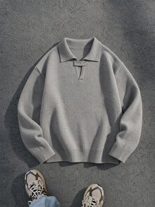 ROMWE MEN Essentials Men's Solid Color Casual Versatile Daily Wear Long Sleeve Sweater - Grey - View 8