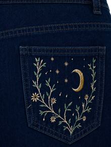 Zerodot Women Dark Wash Denim Embroidered Jeans Casual Daily Fall Pre Fall - Dark Wash - View 5
