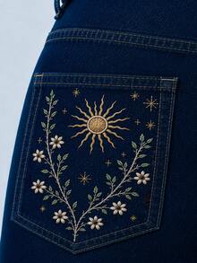 Zerodot Women Dark Wash Denim Embroidered Jeans Casual Daily Fall Pre Fall - Dark Wash - View 7