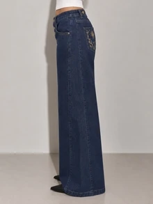 Zerodot Women Dark Wash Denim Embroidered Jeans Casual Daily Fall Pre Fall - Dark Wash - View 3