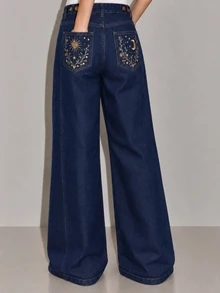 Zerodot Women Dark Wash Denim Embroidered Jeans Casual Daily Fall Pre Fall - Dark Wash - View 1