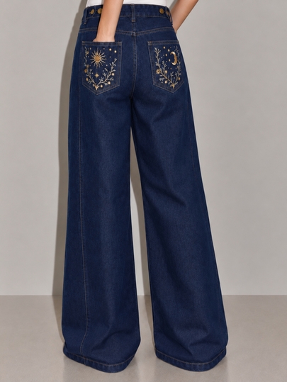 Zerodot Women Dark Wash Denim Embroidered Jeans Casual Daily Fall Pre Fall