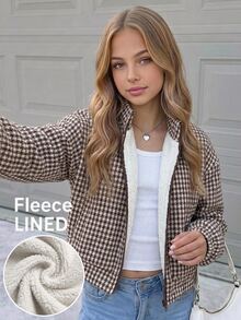SHEIN 青少年女孩格紋立領寬鬆休閒夾克外套，保暖內裡，秋季/冬季學院風返校夾克 - 棕色 - 查看 1