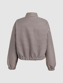 SHEIN 青少年女孩格紋立領寬鬆休閒夾克外套，保暖內裡，秋季/冬季學院風返校夾克 - 棕色 - 查看 5