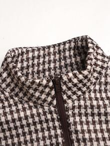 SHEIN 青少年女孩格紋立領寬鬆休閒夾克外套，保暖內裡，秋季/冬季學院風返校夾克 - 棕色 - 查看 6