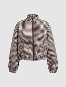 SHEIN 青少年女孩格紋立領寬鬆休閒夾克外套，保暖內裡，秋季/冬季學院風返校夾克 - 棕色 - 查看 3