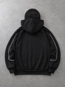ROMWE MEN Street Life Men's Letter Pattern Contrast Color Zipper Casual Daily Hoodie Sweatshirt - Black - View 5