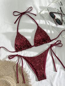 Costavie 2件套亮片纹理面料三角罩杯文胸和侧系带比基尼泳衣套装，性感女士泳装，适合春夏度假，闪亮比基尼套装，夏季亮片比基尼，闪亮比基尼，亮片泳衣，水钻比基尼 - 酒紅色 - 查看 4