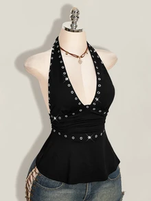 SHEIN ICON 萬聖節女款掛脖露背黑色娃娃裝背心 - 黑色 - 查看 10