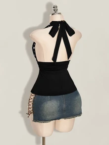 SHEIN ICON 萬聖節女款掛脖露背黑色娃娃裝背心 - 黑色 - 查看 13
